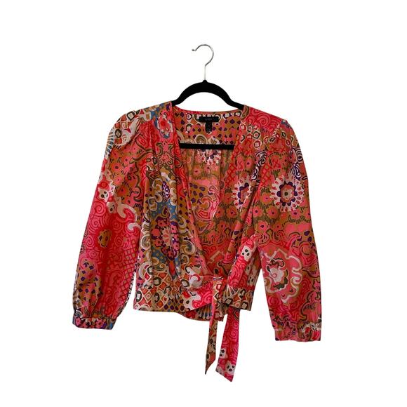 J. Crew M blouse AOP long Belle sleeves sash 70s inspo floral abstract pink red - Picture 1 of 7